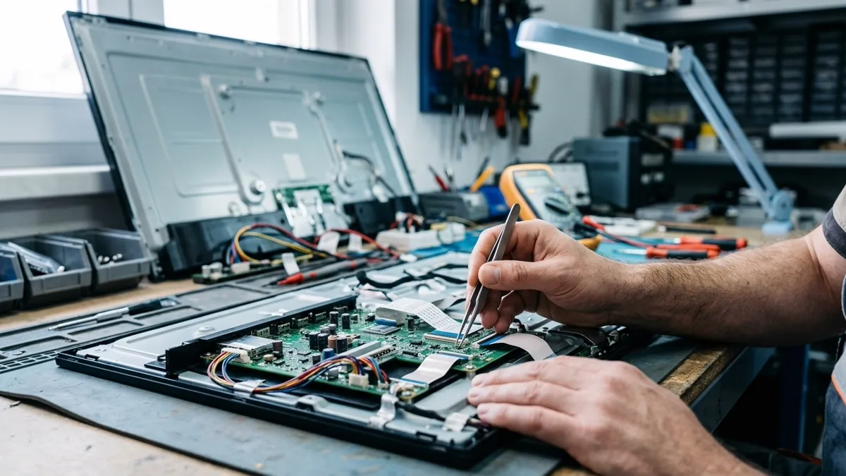 Painel traseiro de TV removido, placa e cabo flat à vista, pinça na mão do técnico